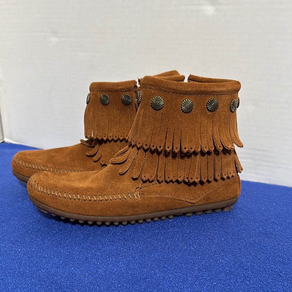 Minnetonka Brown Double Fringe Ankle Boots New